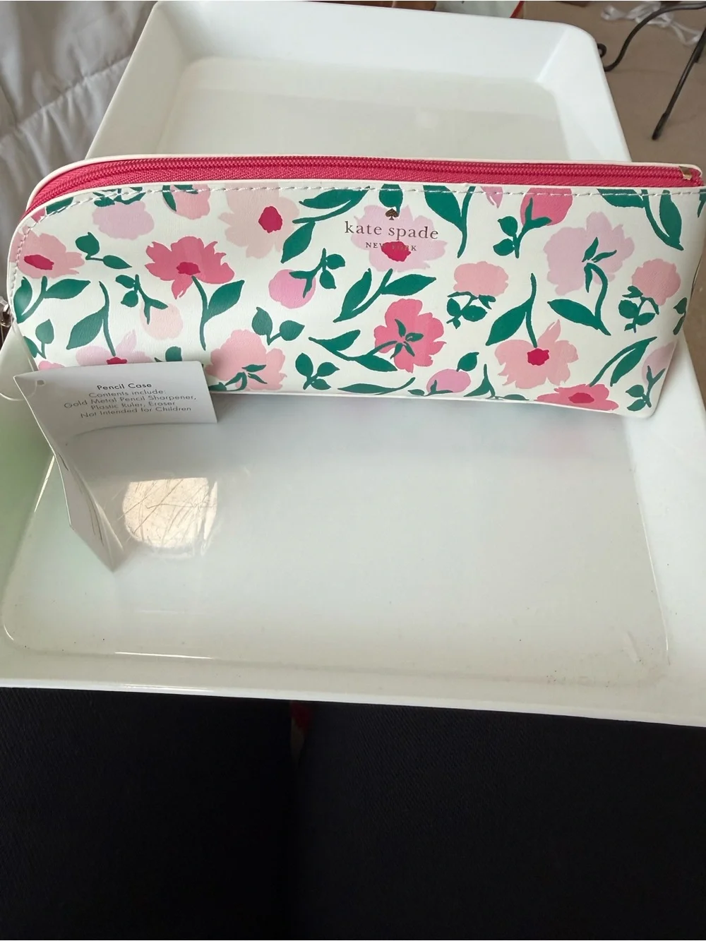 kate spade Peony party, pencil case includes sharpener, ruler, and eraser.